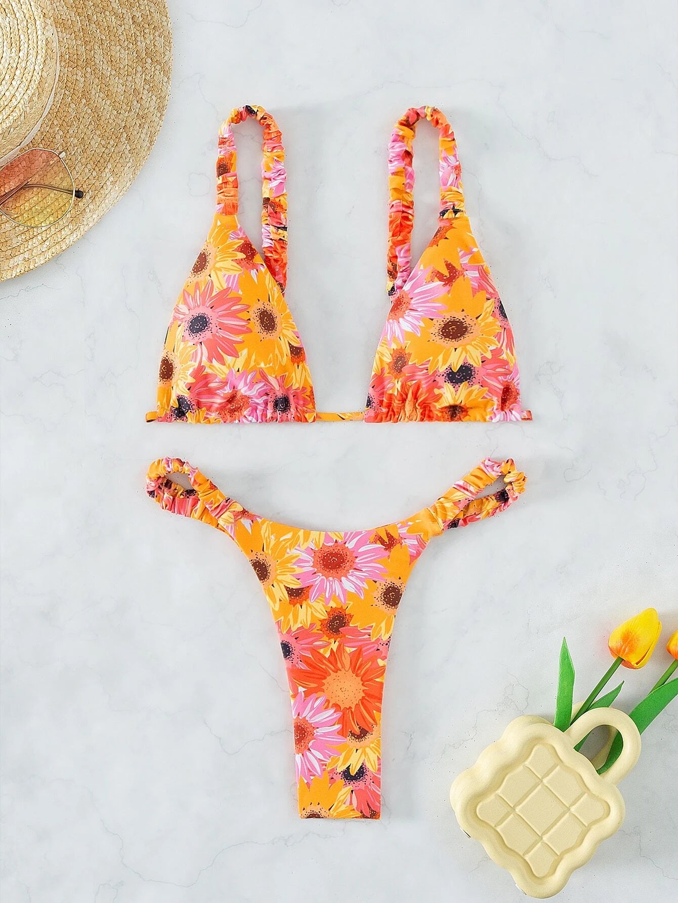 Floral Print Thong Bikini Swimsuit