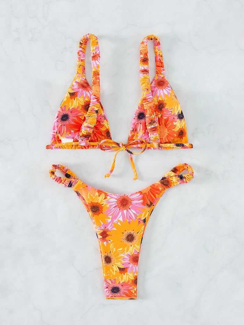 Floral Print Thong Bikini Swimsuit