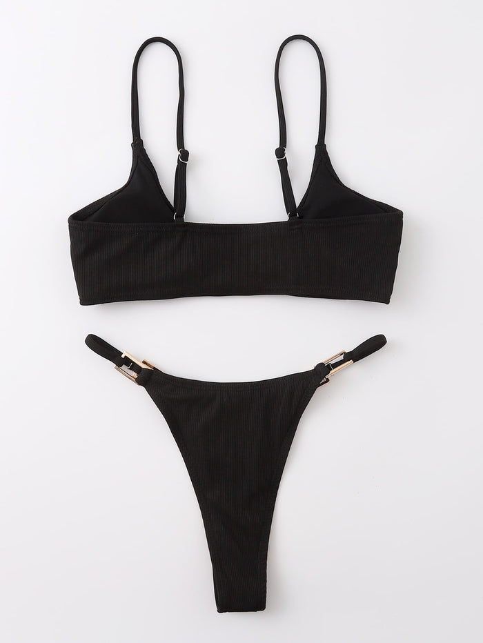Rib Buckle Linked Thong Bikini Swimsuit black