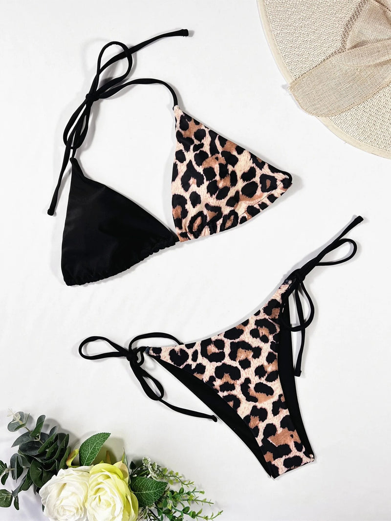 Leopard Halter Triangle Bikini Swimsuit