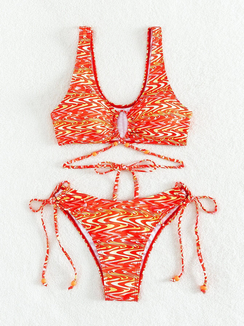 Random Fluid Pattern Print Tie Back Bead Decor Bikini Swimsuit