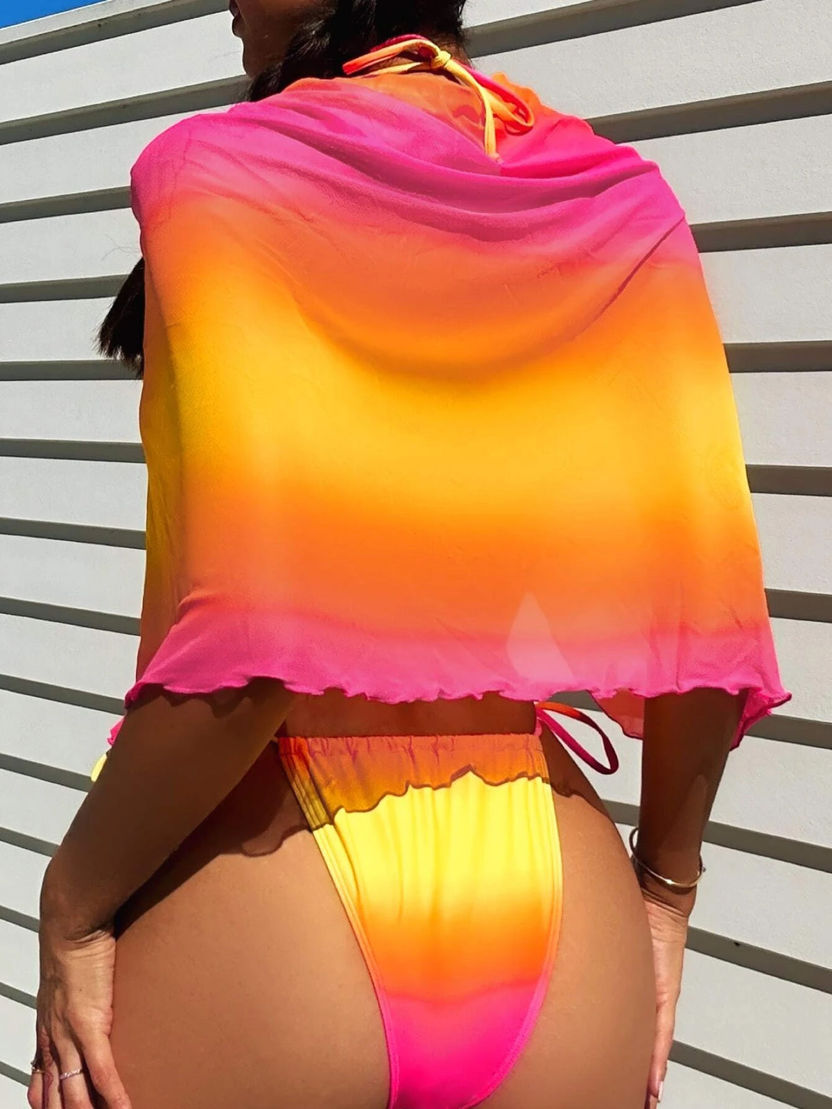 Ombre Lettuce Trim Halter Bikini Swimsuit With Cover Up